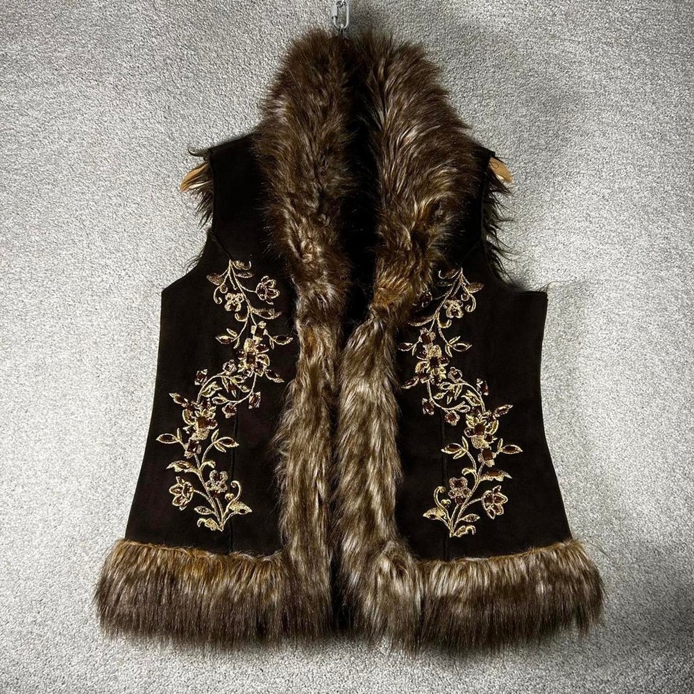 Women's Y2K Faux fur lined rhinestone suede grunge glam vest Size S